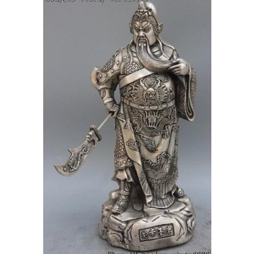 China White Copper Silver Dragon Guan Gong hold Guan Yu Warrior falchion Statue