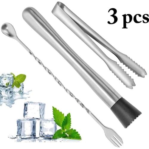 3 Pcs/Set Stainless Steel Cocktail Shaker Twisted Mixing Spoon Cocktail Muddler Ice Cube Tongs For Wine Martini Boston Bar Tools