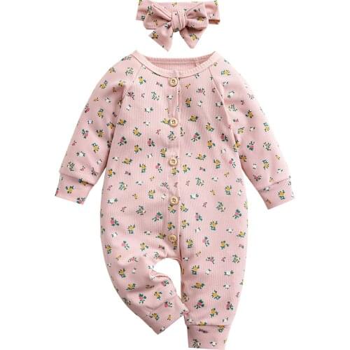 Baby Romper with Hairband Kids Flower Print O-Neck Long Sleeve Jumpsuit+ Headband for Spring Fall 0-18 Months