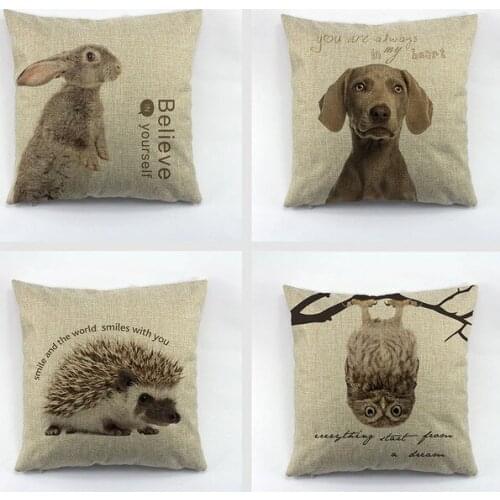 Linen Square Cushion Cover Animals Dog Owl Rabbit Hedgehog Pillow Case Decoration For Sofa Home Car Chair 45x45cm