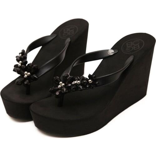 Summer crystal beaded wedges with thick soles and comfortable flip flops beach cake slippers for women