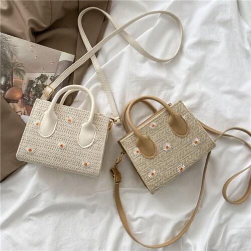 Fashion Straw Woven Shoulder Messenger Bags For Women Casual Daisy Embroidery Ladies Top-handle Handbags Small Crossbody Bags
