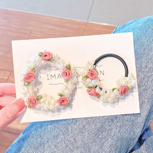 Fashion Women Rose Scrunchies Tie Beaded Pearl Headband Rubber Elastic Issue Bands Girls Circle Bracelet Dual-Use Hair Accessory