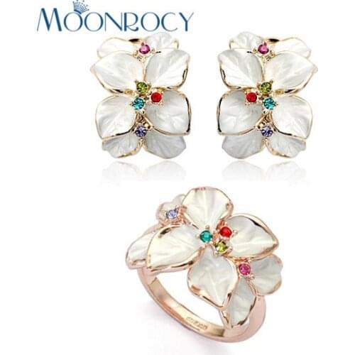 MOONROCY Free Shipping fashion Earrings and Ring crystal rose Gold Color white flower Jewelry Set for women