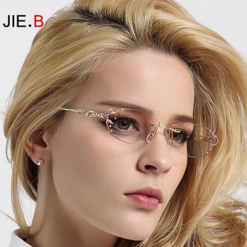 New Fashion Titanium Female Net Red Frameless Flat Mirror Anti-Blue Light Rhinestone Gradient Finished Myopia Eye Protection