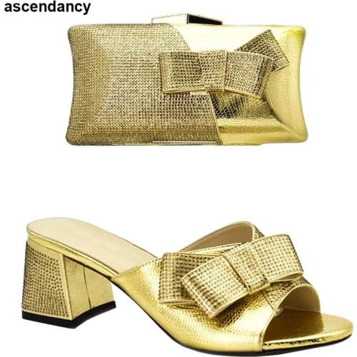 Latest Design African Women Wedding Shoes Slip on Women Party Shoes Decorated with Rhinestone Shoe and Bag Set African Sets 2020
