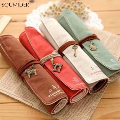 Creative Retro Canvas Pencil Case Roll Leather PU Pencil Bag Storage Pouch For Stationery School Supplies Multi functional Bag