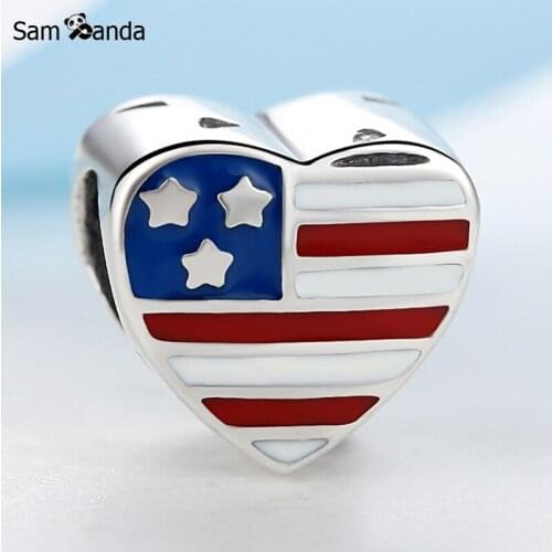 Authentic 925 Sterling Silver Charm Bead The United States Heart Flag Fit Bracelets & Bangles Diy Women Jewelry Making