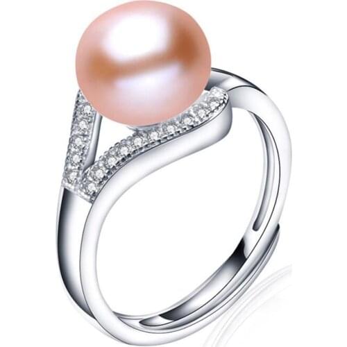 Silver Plated Many Colors Round Pearls Resizable Finger Ring for Gift with Rhinestone Charm Jewelry