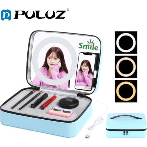 PULUZ Live Broadcast LED Ring Light Makeup Mirror Cosmetic Storage Box with Phone Clamp USB Rechargeable Makeup Organizer Case