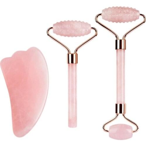 4 in 1 Rose Quartz Roller with Gua Sha Set Double Heads Jade Stone Face Lift Body Skin Lift Jade Roller 3Pcs/Lot