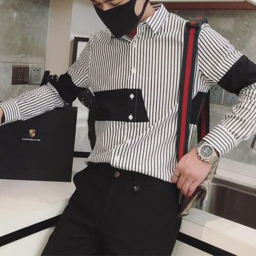 Contrast Striped Mens Shirt 2021 Autumn Korean Fashion Long Sleeve Streetwear Shirts Male Business Casual Shirt Chemise Homme