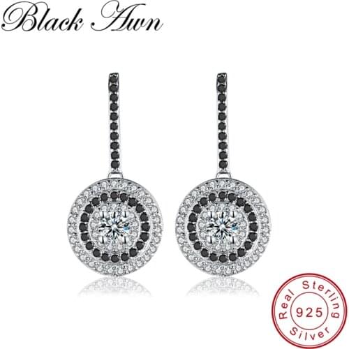 [BLACK AWN] Genuine 4.2g 925 Sterling Silver Fine Jewelry Wedding Round Stud Earrings for Women Black Spinel Female Earring T005