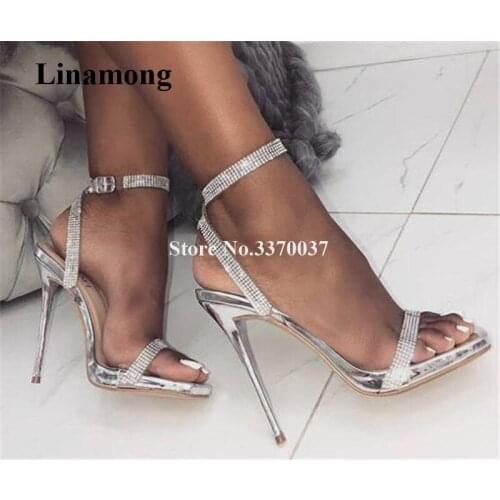 Bling Bling Women Luxurious Rhinestone Straps Stiletto Heel Sandals Silver Black Crystal High Heel Sandals Wedding Dress Heels