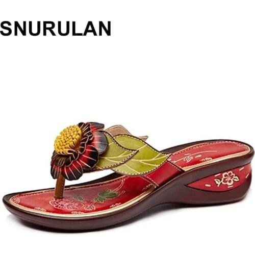 SNURULAN Flip Flops 2021 New Summer Women Shoes Genuine Leather Slippers Hand-painted Wedges Flower Leisure Ladies Flip Flops