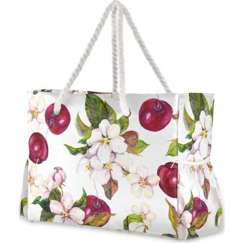 New Women Nylon Cherry Flowers And Cherry Berries Shoulder Bag Female Large Capacity Ladies Beach Bag Girls Shopping Handbag