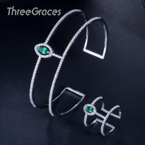 ThreeGraces Unique Trendy Women Costume Jewelry Marquise Green Cubic Zirconia Crystal Open Bangles Cuff Bracelet Ring Set JS212