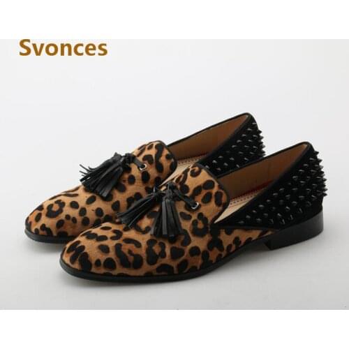 Fashion Casual Shoes Low Heel Leopard Designer Shoes Fringe Rivets Slip-on Loafers Party Flats Zapatillas Hombre Brand Shoes Men