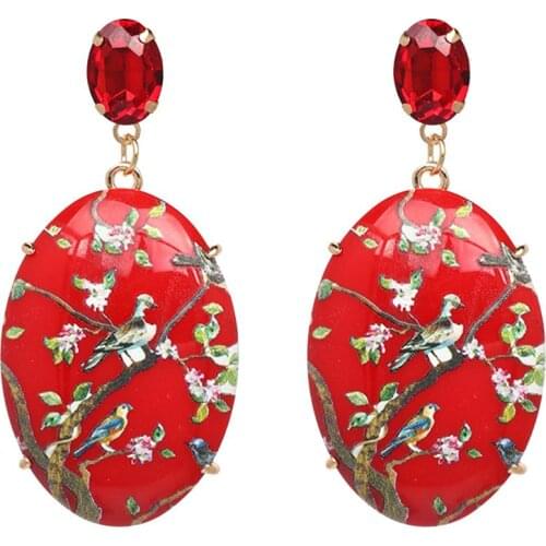 Vintage Women Resin Oval Dangle Earrings Hand Painted Flower Bird Party Jewelry hot