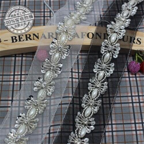 Pearl Rhinestone Beaded Lace Trim Vintage Mesh Fabric Paillette Sequin Chemical Lace Collar Wedding Dress Dentelle Applique Belt