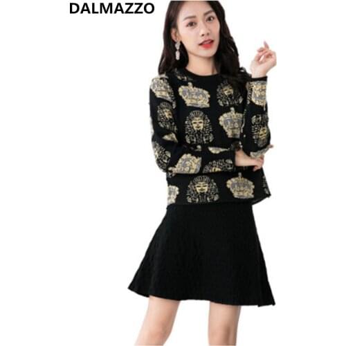 Womens Knitted Print Sweater Skirt Suit Pullover Tops + Mini Skirt 2 Pieces Sets Clothes 2019 Newest Autumn Sweaters Costume