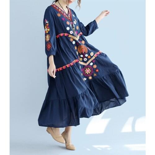 Plus Size Loose Bohemia Embroidery Dresses 2020 New Vintage Women three quarter Sleeve Floral Embroidered Cotton linen Dress