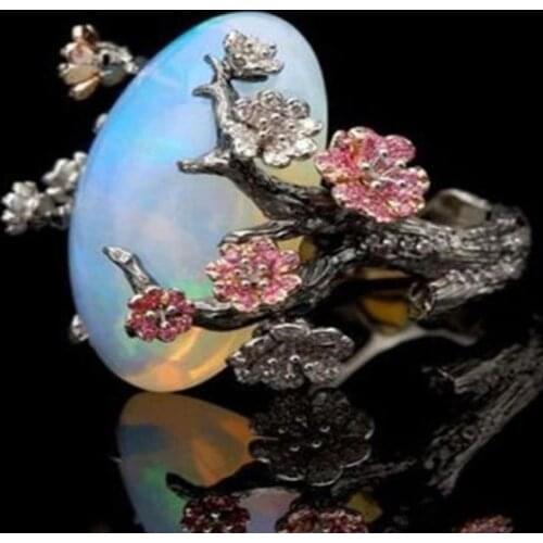 Milangirl Vintage Black White Fire Opal Tree Flower Wedding Rings for Women Fashion CZ Stone Ring Plum Blossom Gift Jewelry