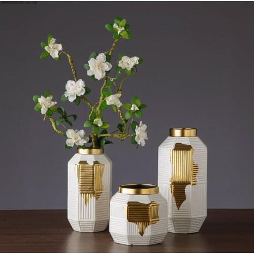 Golden Geometric Stripes Vase Flower Pot Decoration Ceramic Crafts Hydroponic Flower Arrangement Living Room Table Decoration