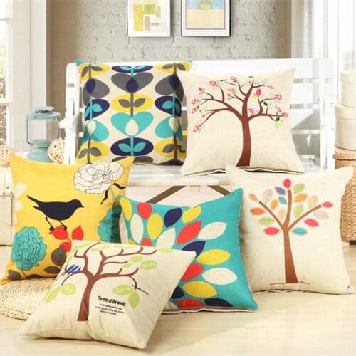 45x45cm/17.72x17.72" Autumn Tree Bird Cushion Cover Cotton Linen Decorative Throw Pillow Cover Seat Sofa Embrace Pillow Case