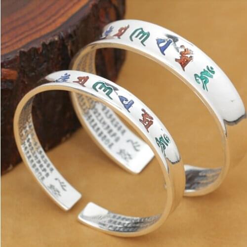 Handcrafted 999 Silver Bangle Tibetan OM Mani Padme Hum Bangle Real Pure Silver OM Mantra Bracelet Buddhist Jewelry Bangle