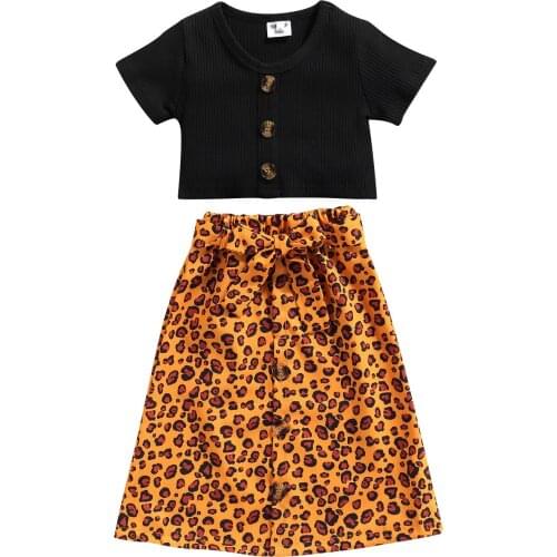 Toddler Kid Short Sleeve + Leopard Print Skirt, High Waist Bow Decoration Single-breasted Summer Clothing 1-6T