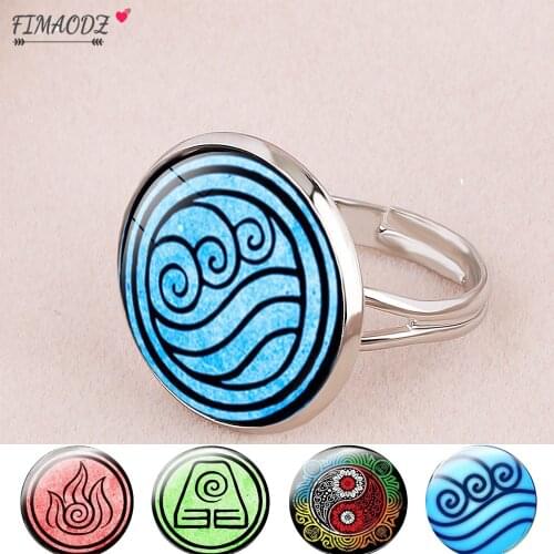 FIMAODZ Avatar The Last Airbender Ring Air Nomad Fire And Water Tribe Symbol Glass Dome Rings for Women Men Fans Gift