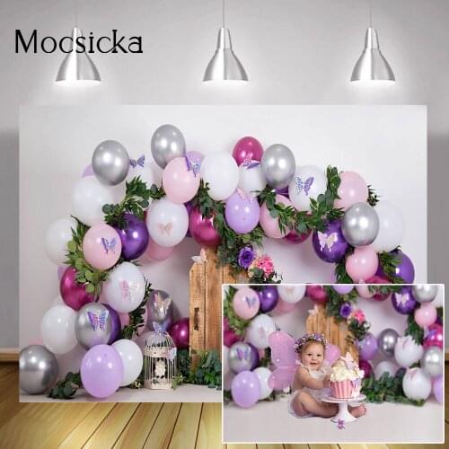 Spring Butterfly Children Birthday Cake Smash Backdrop Studio Photocall Balloons Garden Kids Portrait Background Photography