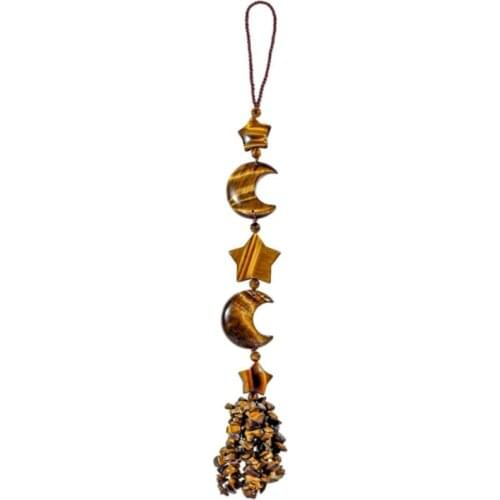 FYSL Handmade Weave Moon and Star Tiger Eye Stone Pendant with Tassels Rose Pink Quartz Jewelry