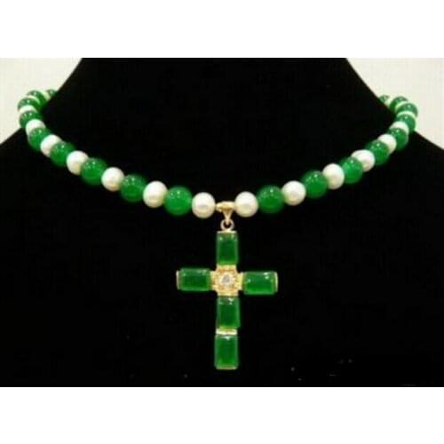 Hot sale Genuine White Pearl Green Jade 18KGP Crystal Cross Pendant Necklace