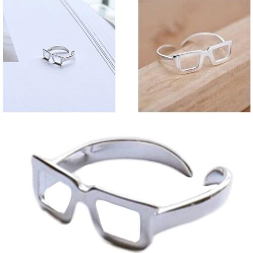 Korean Artistic Adjustable Glasses Shape 925 Silver Tail Ring Couple Ring for Finger Women Girl Christmas Valentines Day Gift