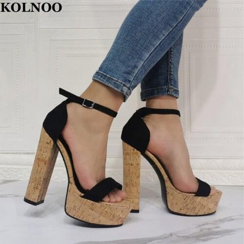 Kolnoo Handmade New Womens Chunky Heels Sandals Black Kid Suede Sexy Platform Real Photos Summer Large Size 35-47 Fashion Shoes