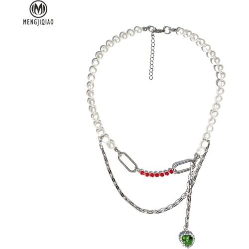 MENGJIQIAO Korean Elegant Pearl Necklace For Women Ladies Fashion Purple Heart Crystal Pendent Collares Party Jewelry