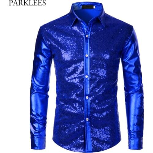 Luxury Royal Blue Sequin Metallic Dress Shirts Men 2019 New Long Sleeve 70s Disco Party Shirt Male Christmas Halloween Costume