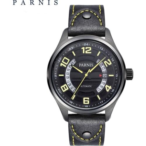 Parnis 43MM Dial Mens Automatic Mechanical Watches Calendar Black Leather Strap Men Wristwatch reloj para hombre de lujo 2021