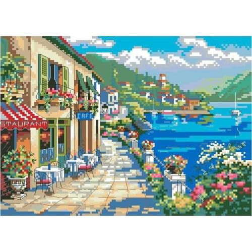 Seaside Town Pattern Cross Stitch Kits Printed Fabric Embroidery Needlework Sets 11CT 14CT DIY Handmade Home Decoration Painting