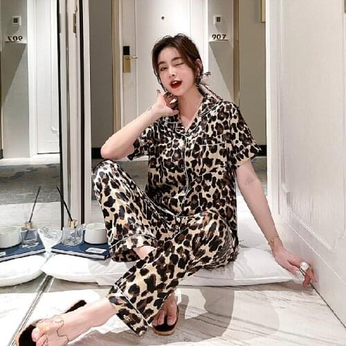 Newest Silk Pajamas for Women Sweet Leopard Pyjamas Woman Elegant Short Sleeve Long Pant Homewear Ladies Sleepwear Sets 2021