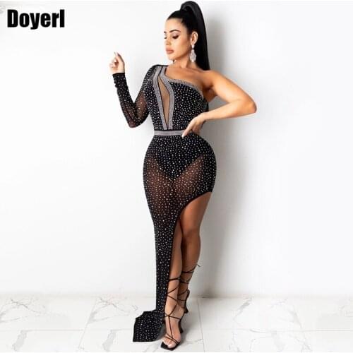 Side High Split One Shoulder Maxi Dress Women Long Sleeve Fashion Rhinestone Sheer Mesh Long Bodycon Dress Sexy Club Party Dress