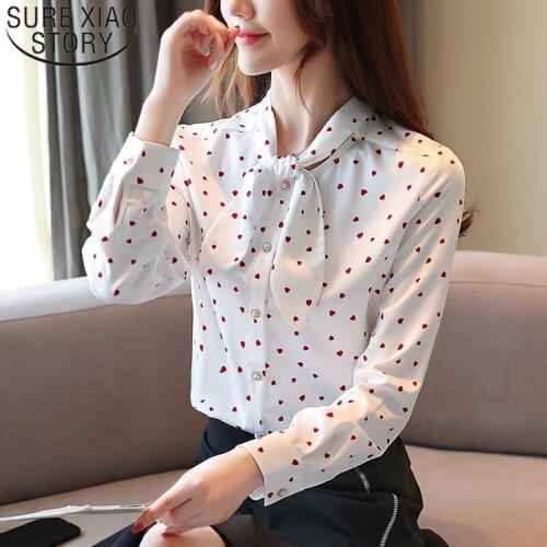 Autumn 2021 New Chiffon Women Blouses Long Sleeve Women Tops Bow Button Printed Women Shirt Casual Women Clothing Button 5961 50