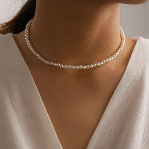 AOMU 1PC Elegant White Imitation Pearl Choker Necklace Wedding Necklace for Women Charm Jewelry Vintage Pearl Metal Necklace