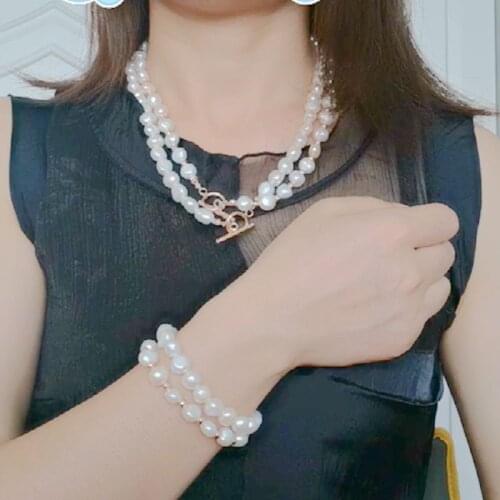 LONDANY Natural Freshwater Pearl Necklace Golden Round Beads Stitching Detachable Dual Necklace Bracelet Long OT Buckle Necklace