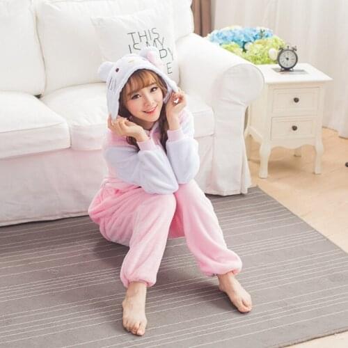 Kigurumi Bow Cat Pajamas Adults Animal Onesies Winter Sleepwear Women Men Flannel Nightwear Cosplay Costumes