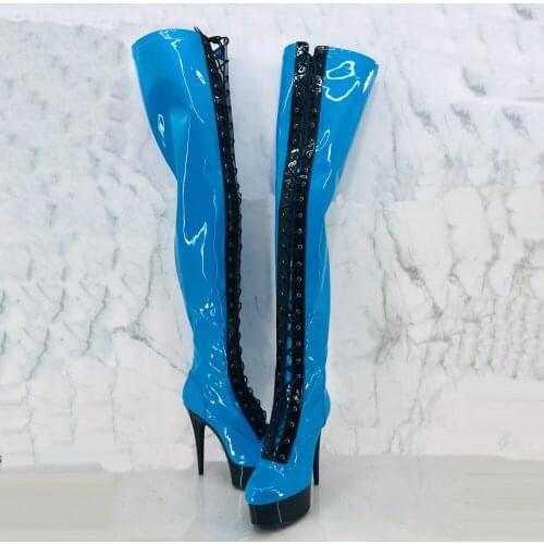 Leecabe 15CM/6Inches patent blue with black upper High Heel platform Boots Pole Dance boot