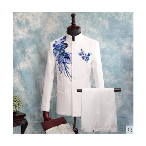 Stage Chinese tunic suit men blazer set with pants mens wedding suits Sequins singer slim formal dress mens groom suit white