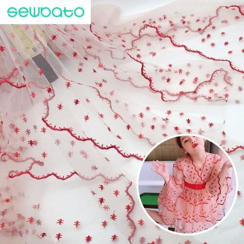SEWBATO Mesh Wavy Dot Small Flower Embroidered Cloth Lace Embroidered Cloth Summer Womens Dress Dress Wedding Dress Fabric